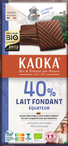 Chocolat au lait 40%, bio et équitable