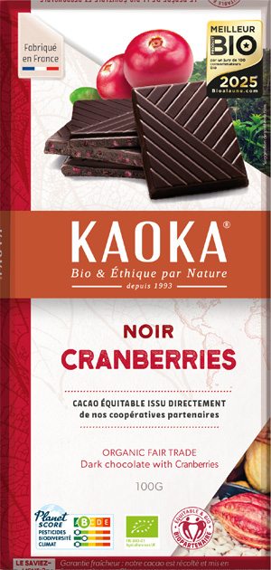 Chocolat noir aux cranberries, bio et équitable